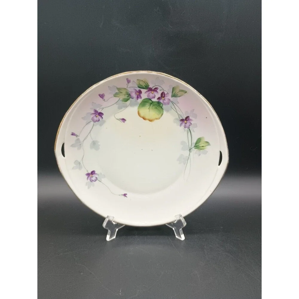 VTG Nippon Hand Painted Cake Plate with Handles Purple Violets Flowers Gold Rim